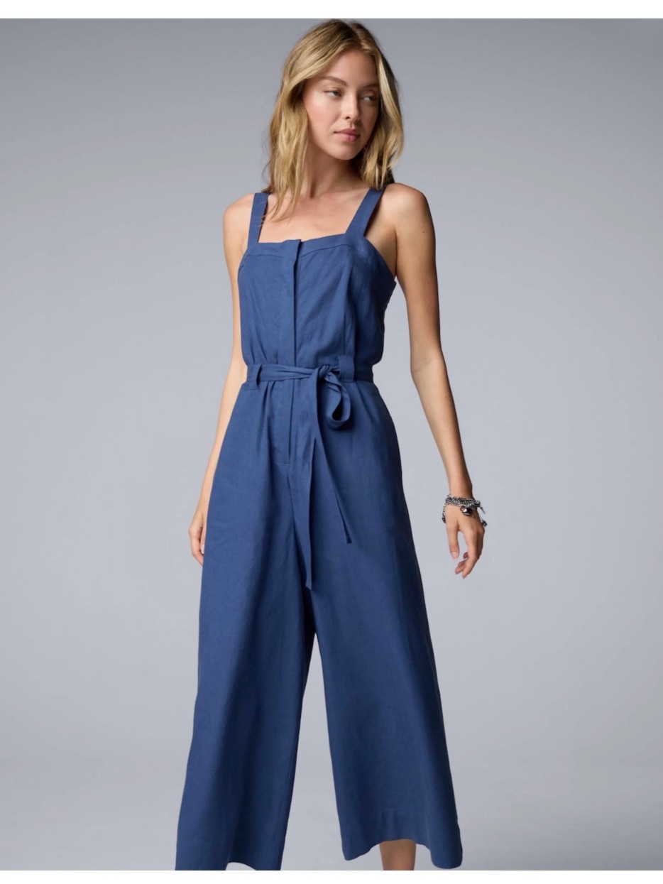 Nwt Simply Vera Wang Blue Linen Sleeveless Belted Jumpsuit Wide Leg Women’s Xl